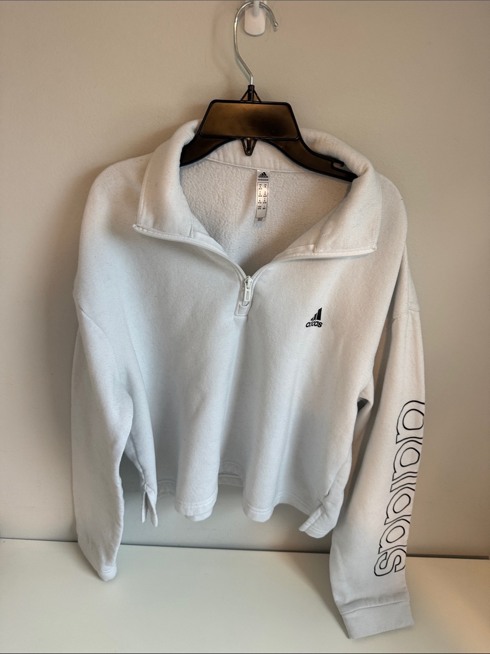 adidas Women’s White Quarter-Zip Fleece Pullover with Sleeve Logo